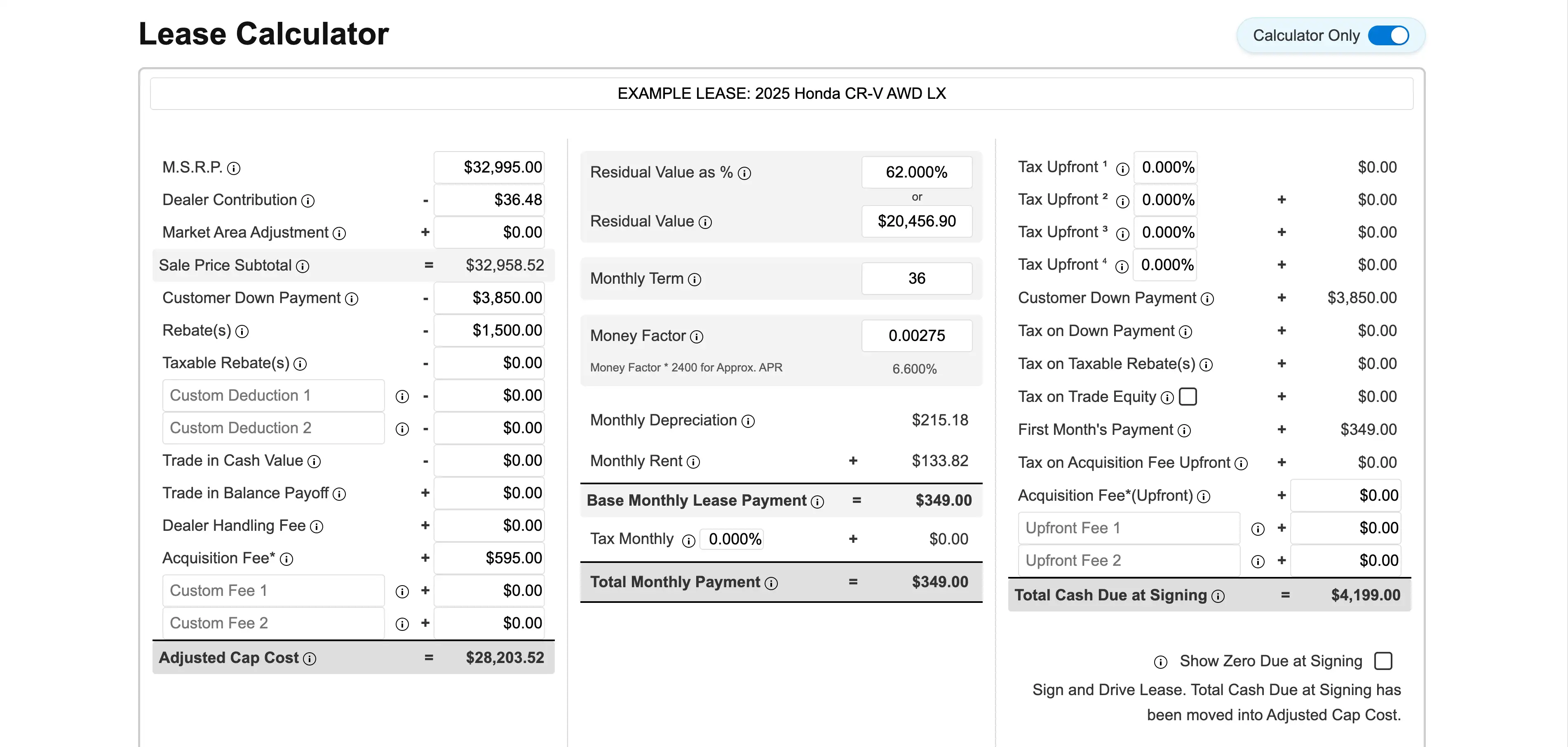 Transparent lease calculator interface showing detailed breakdown of costs